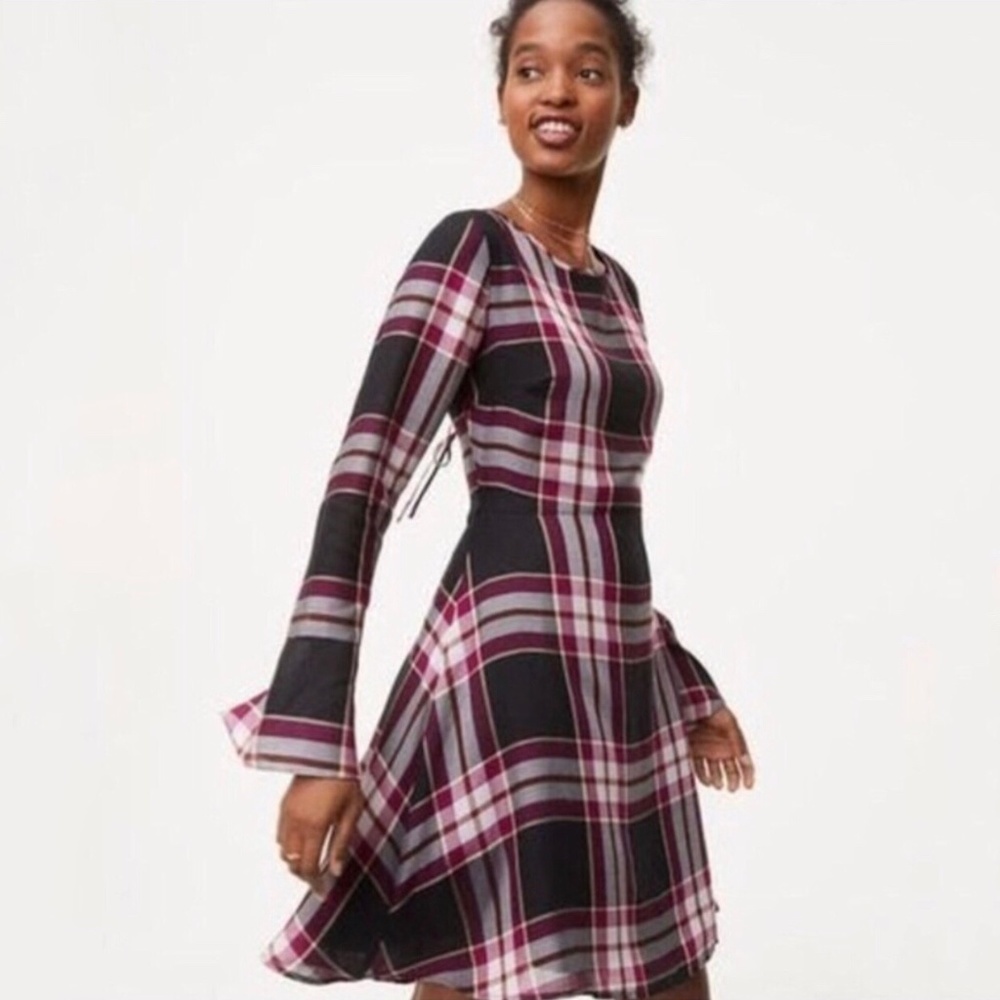 LOFT tartan plaid tie back bell sleeve dress NWT